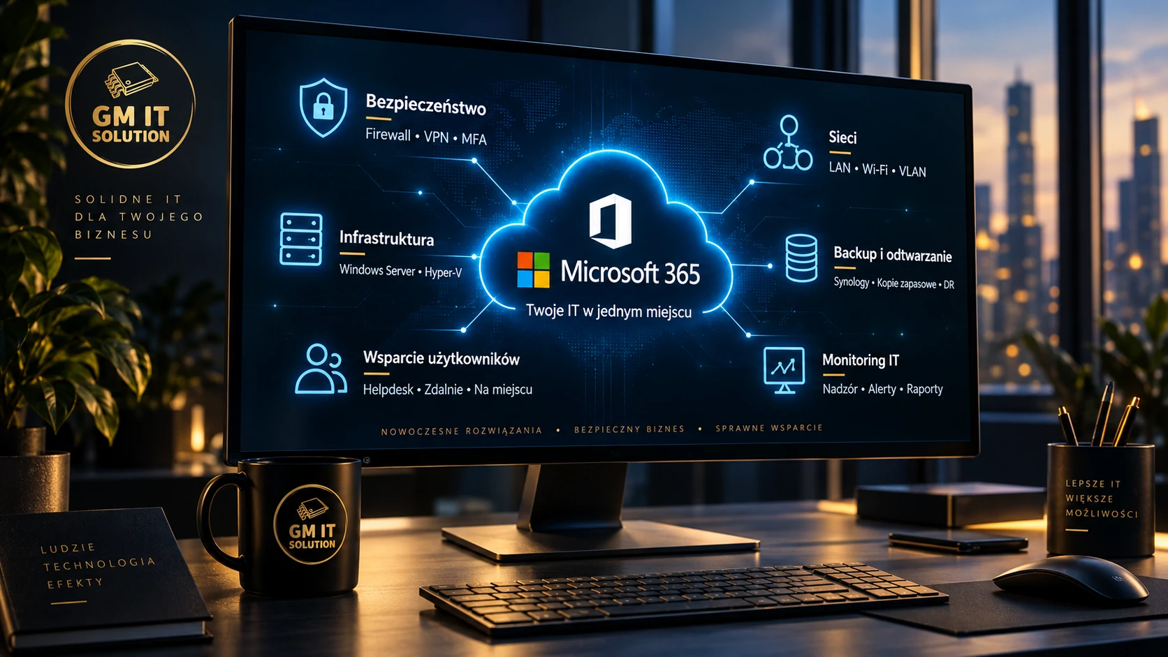 Nowoczesne środowisko IT z serwerami, chmurą i systemami bezpieczeństwa